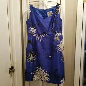 Sheri Martin Blue Empire Waist Sleeveless Shift Flowered Dress Sz 14